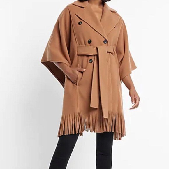 Express Women's Butterscotch Brown Fringe Hem Poncho Jacket with Belted…‎ - Picture 1 of 6